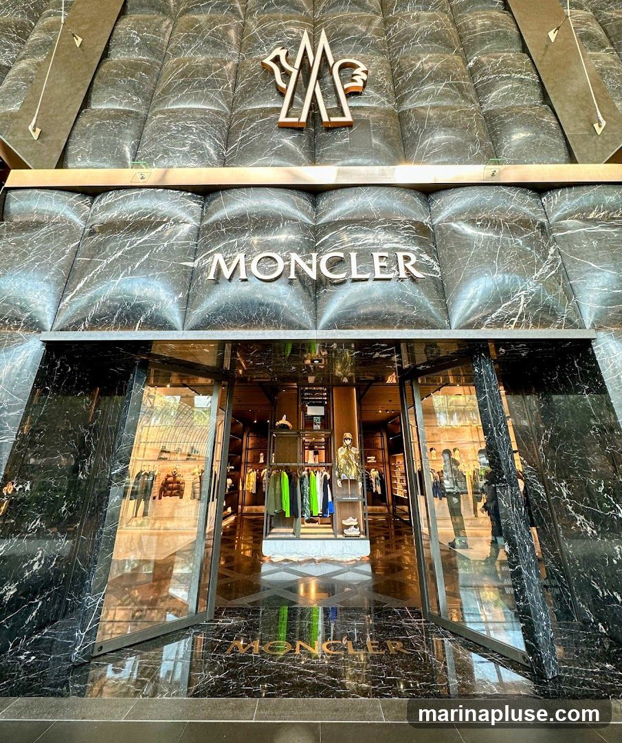 The exterior of a Moncler store with a marble facade. The store's name and logo are prominently displayed above the entrance. The glass doors are open, revealing the interior with clothing racks and displays.