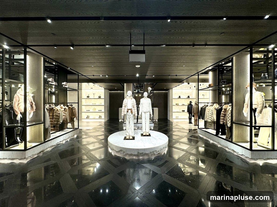 A spacious and modern luxury fashion store interior. The store features a polished dark marble floor with a geometric pattern. In the center, a circular platform displays two mannequins dressed in white winter outfits. The sides of the store are lined with glass display cases and racks of clothing, primarily outerwear like puffer jackets and coats, in neutral tones. Shelves display accessories such as bags and shoes. The lighting is sophisticated, with spotlights highlighting the merchandise.