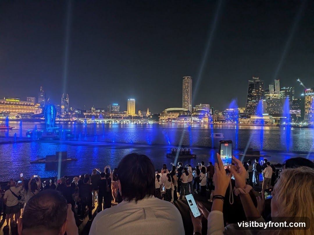 A crowd of people watches a spectacular nighttime fountain show with blue lights and water jets. In the background, a city skyline is illuminated with numerous buildings and lights. Several people in the foreground are holding up their phones to record the event.