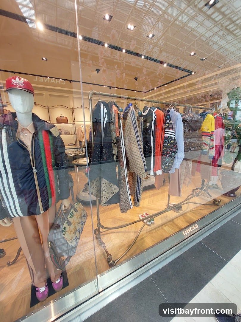 A store window display featuring mannequins and clothing. One mannequin is dressed in a jacket with red, green, and white stripes, a light pink shirt, and tan pants, accessorized with a red cap and a patterned handbag. Racks of clothing, including tracksuits and shirts with various patterns and logos, are displayed. The word "GUCCI" is visible on the exterior of the store window.