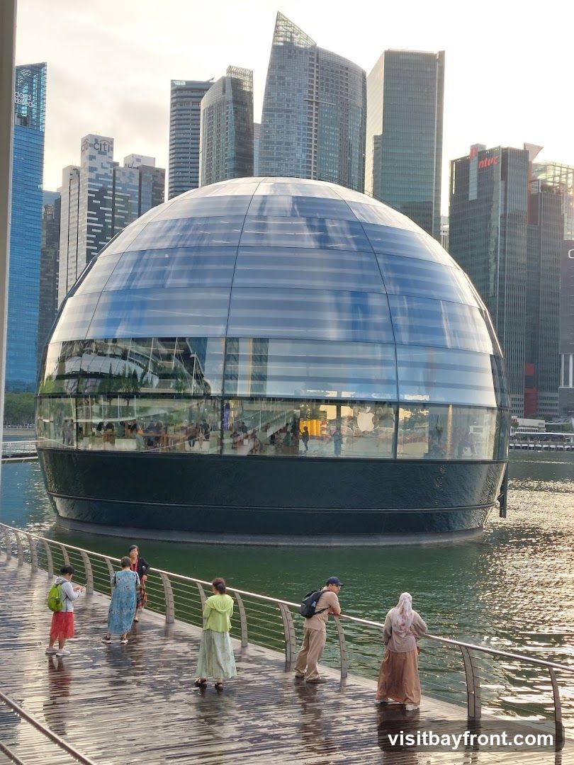 A spherical glass Apple Store building floats on the water, with a modern cityscape in the background. People are walking on a wooden boardwalk in the foreground.