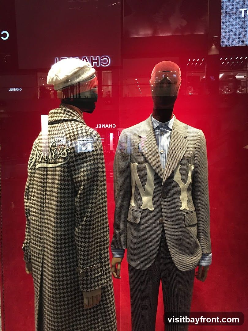 Two mannequins are displayed in a store window with a red background. The mannequin on the left wears a houndstooth coat with "Yankees" embroidered on the back and a white cap. The mannequin on the right wears a suit with a light blue striped shirt and a decorative design on the jacket. Reflections of the store interior and signage are visible in the window.
