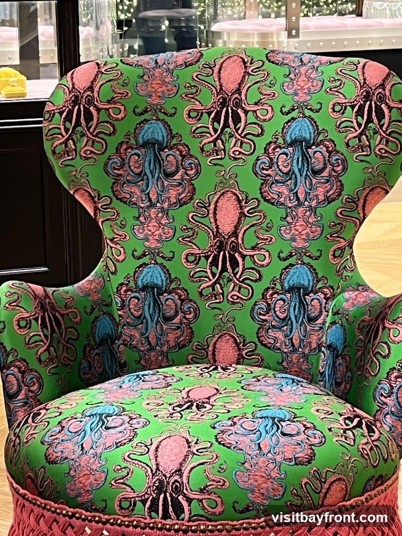 A close-up view of an armchair upholstered in a vibrant green fabric featuring a repeating pattern of pink octopuses and blue jellyfish. The chair has a high back and is trimmed with a pink fringe along the bottom edge. In the background, a display case with yellow items and blurred lights can be seen.