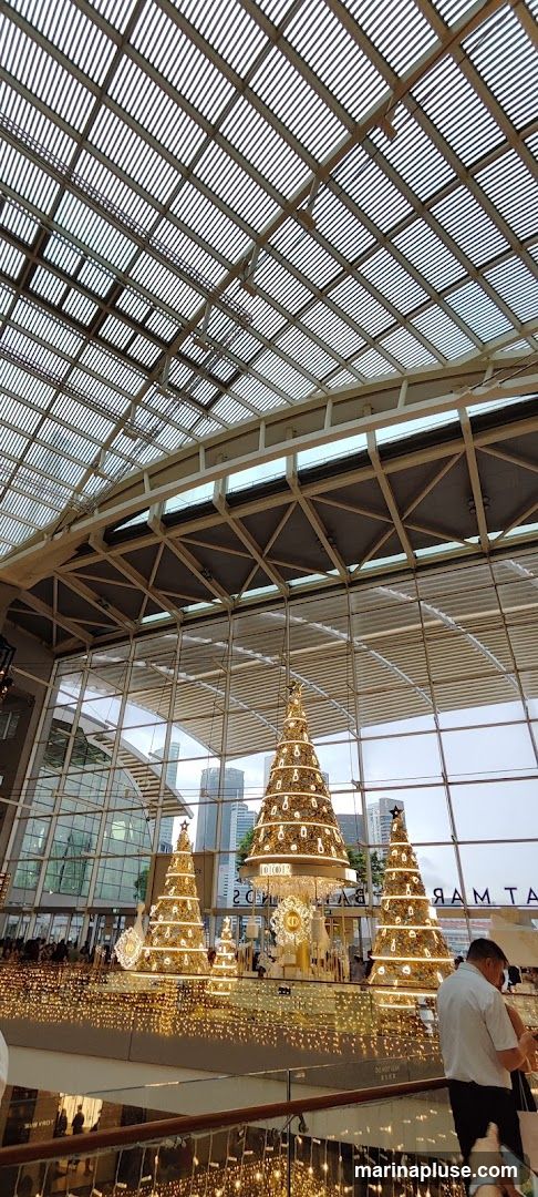A wide shot of a mall interior decorated for Christmas. Several illuminated Christmas trees are displayed, with the largest one featuring the Dior logo. The mall has a high, slatted glass ceiling and large windows offering a view of city buildings. The railings and lower levels are adorned with strings of warm white lights, creating a festive atmosphere. People are visible in the background, shopping or walking around.