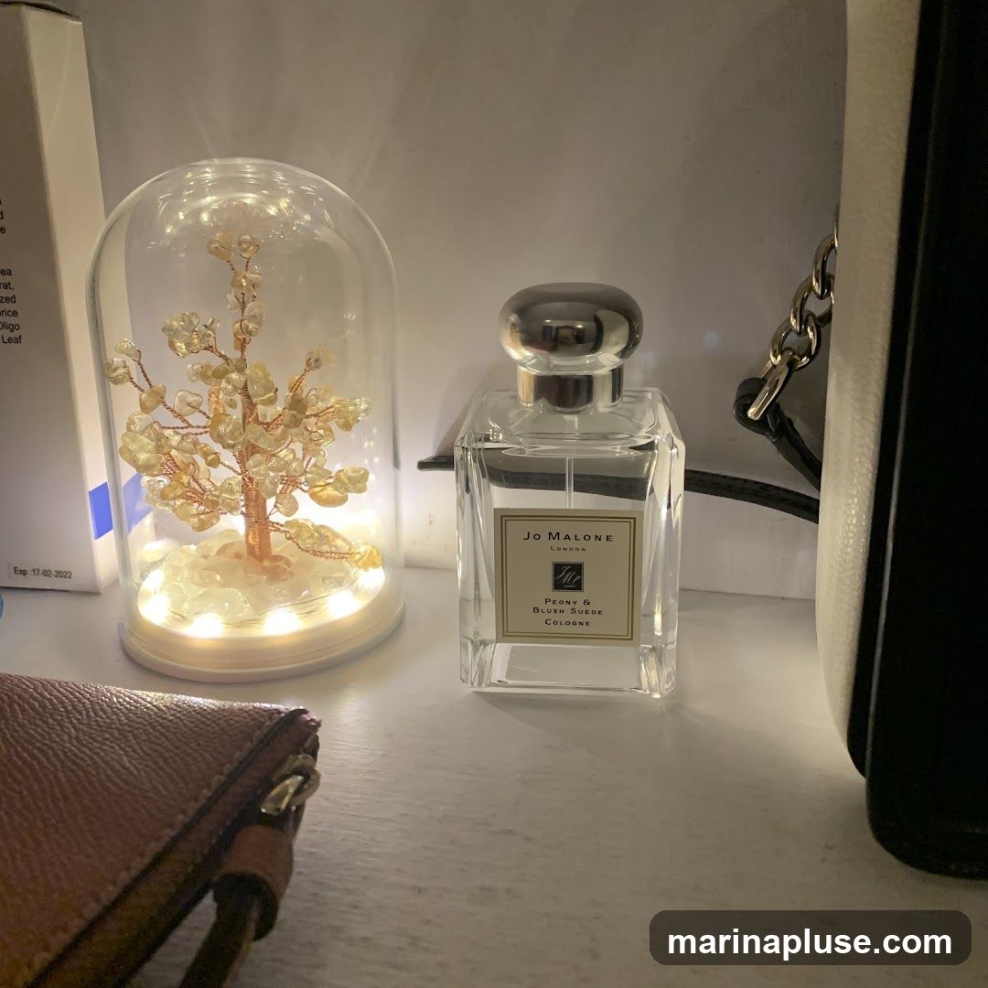 A clear glass bottle of Jo Malone Peony & Blush Suede Cologne sits on a white shelf next to a decorative tree under a glass dome. A brown wallet and a black and white bag are also visible.