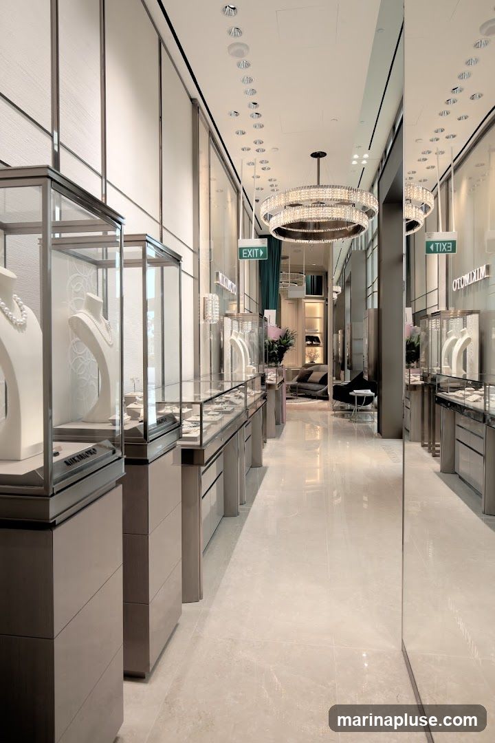 A view down the long, well-lit interior of a high-end jewelry store. Display cases filled with necklaces and jewelry are visible on both sides, with mannequins showcasing pearl necklaces. A large, ornate chandelier hangs from the ceiling. The floor is polished and reflective, and mirrors line the walls, creating a sense of spaciousness. In the distance, a seating area with sofas and a small table can be seen. Green exit signs are posted on the walls. The store appears clean, modern, and luxurious.