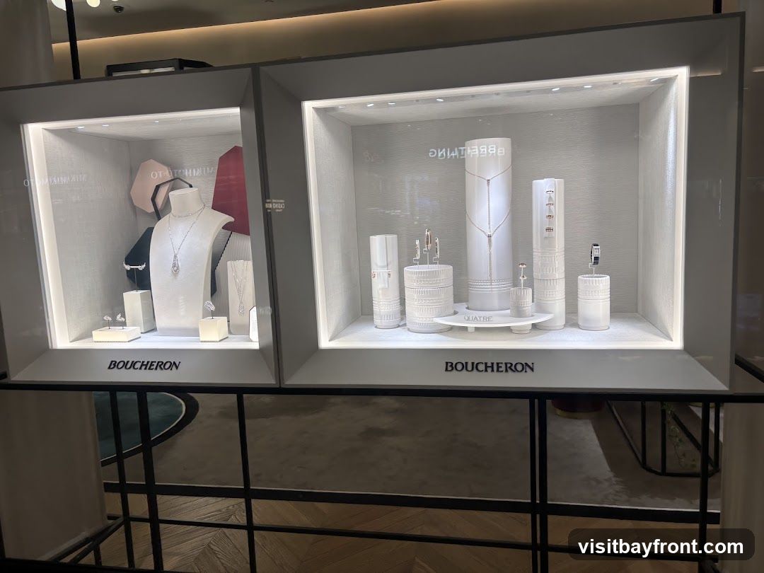 A display window for Boucheron jewelry, featuring necklaces, earrings, rings, and watches. The display is divided into two sections, with the left side showcasing a large pendant necklace on a mannequin bust, earrings, and a ring. The right side displays various jewelry pieces on white cylindrical stands, including necklaces and watches. The brand name "BOUCHERON" is visible on the bottom of the display.
