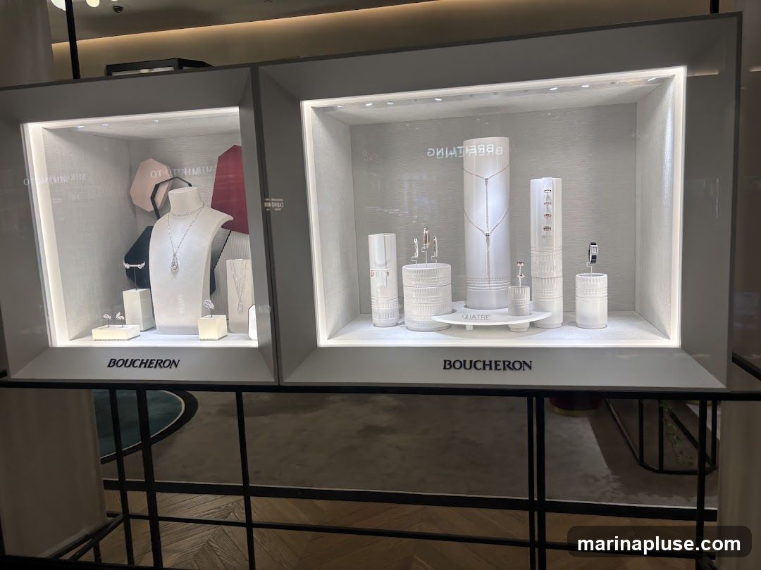 A display window for Boucheron jewelry, featuring necklaces, earrings, rings, and watches. The display is divided into two sections, with the left side showcasing a large pendant necklace on a mannequin bust, earrings, and a ring. The right side displays various jewelry pieces on white cylindrical stands, including necklaces and watches. The brand name "BOUCHERON" is visible on the bottom of the display.