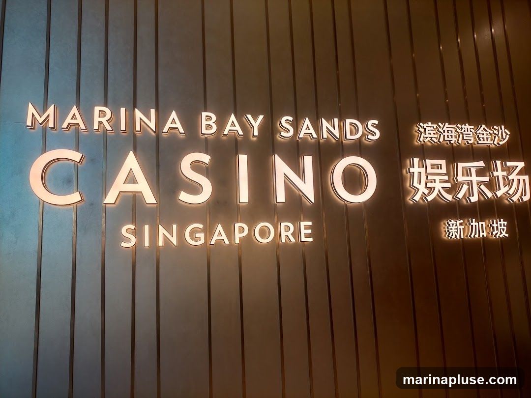 A close-up shot of a large, illuminated sign that reads "MARINA BAY SANDS CASINO SINGAPORE" in English, with corresponding Chinese characters to the right. The sign is mounted on a wall with vertical paneling.