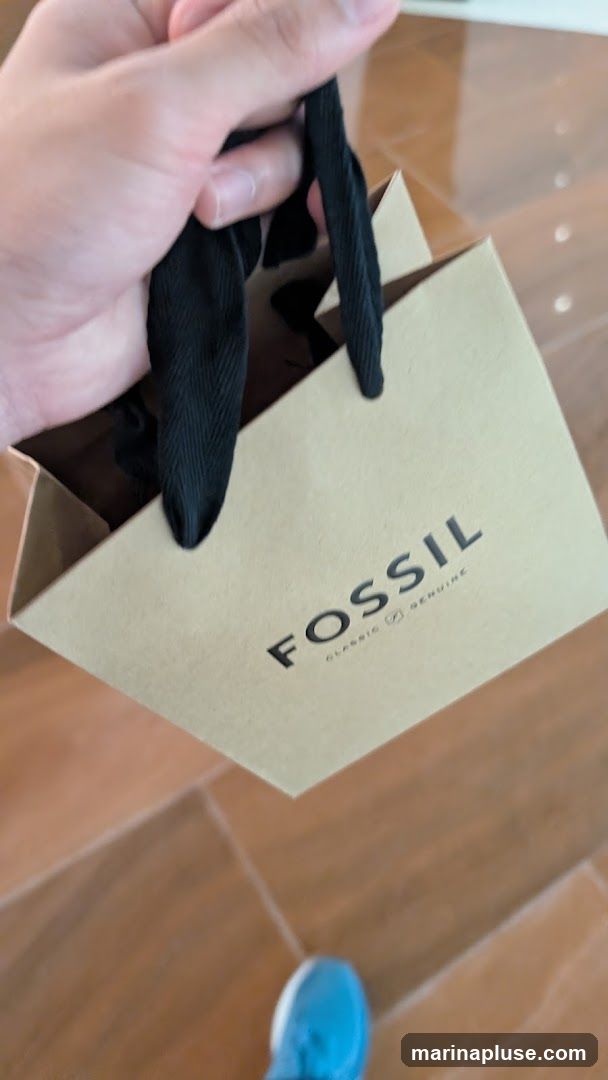 A hand holds a brown paper shopping bag with black handles. The Fossil logo and the words "CLASSIC" and "GENUINE" are printed on the side of the bag. The bag is on a wooden floor.