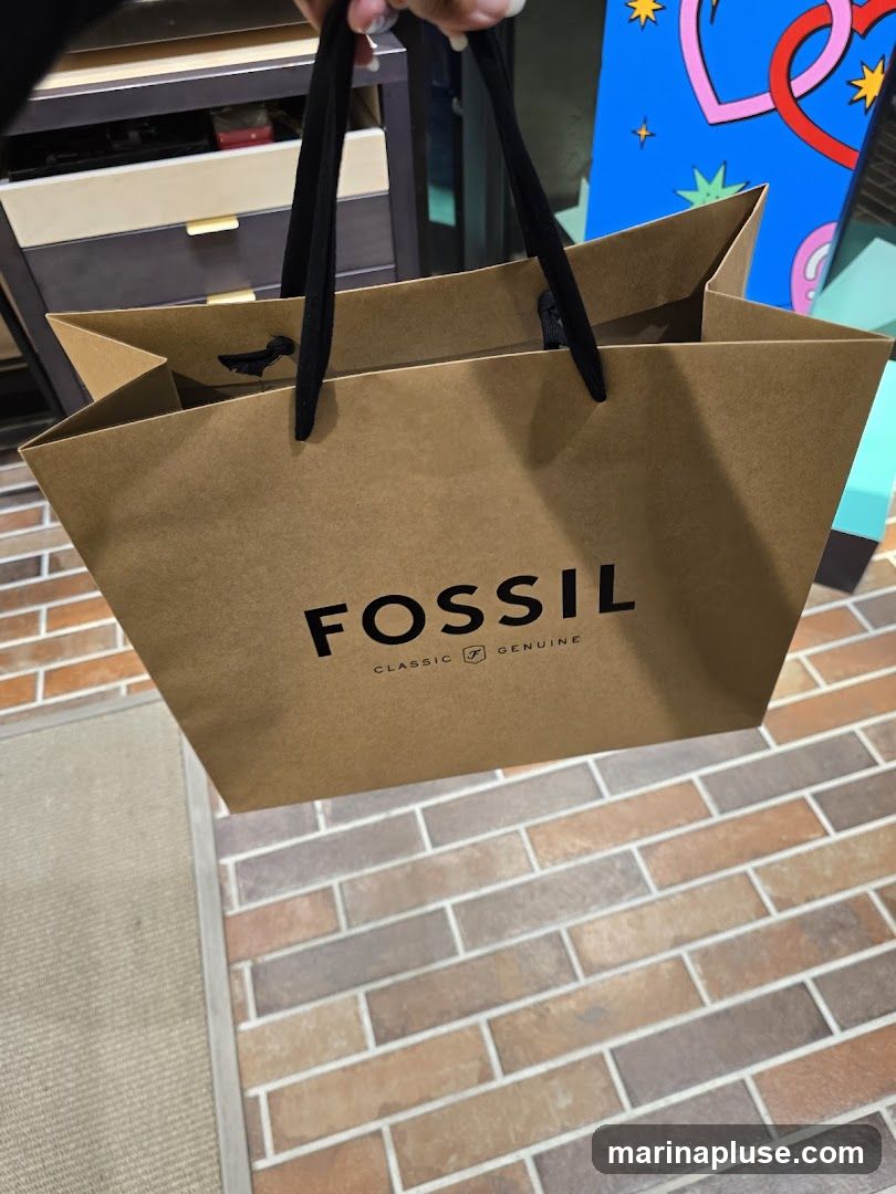 A person holds a brown paper shopping bag with black handles. The bag has the FOSSIL logo printed in black, along with the words "CLASSIC" and "GENUINE" and a small F logo. The background shows a tiled floor and a blurred interior with shelving and a colorful artwork.