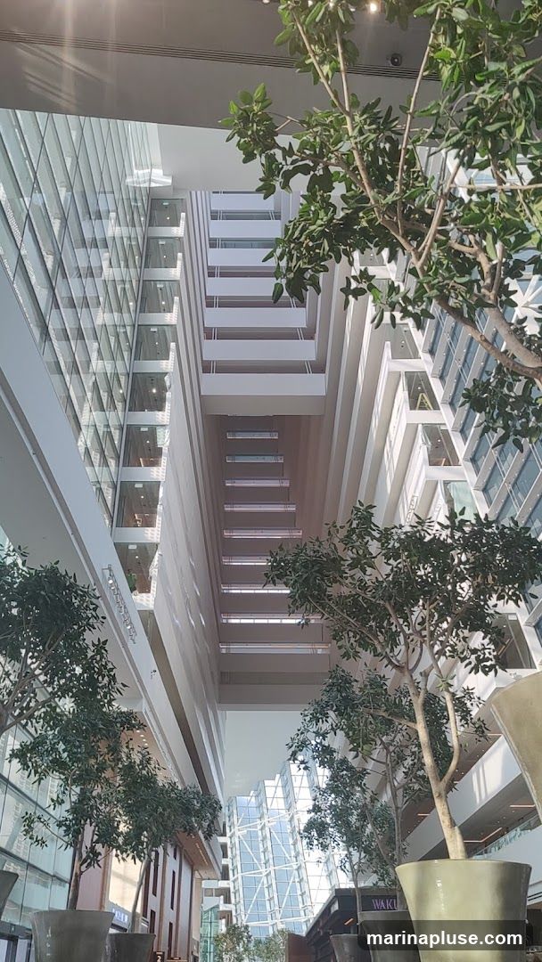 A view looking up into a multi-story atrium with modern architecture. Large glass windows line one side of the building, reflecting the interior. The opposite side features a series of balconies or walkways. Several potted trees with green foliage are placed throughout the space, adding a natural element to the urban environment. The overall impression is one of a spacious and contemporary indoor area.