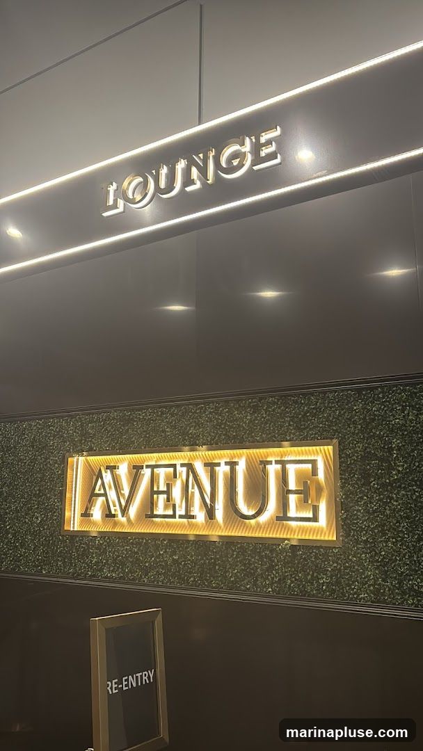 A sign that reads "LOUNGE" is illuminated with white LED lights and mounted above a decorative green wall. Below this, a rectangular sign with the word "AVENUE" is lit with warm, golden lights and framed by a golden border. A small sign with the text "RE-ENTRY" is visible at the bottom left.