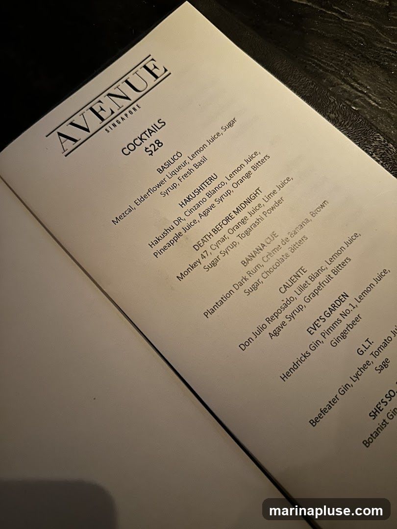 Menu for Avenue Singapore featuring cocktails.