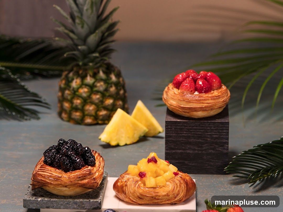 Three fruit pastries are displayed on a textured surface. One pastry is topped with fresh strawberries, another with blueberries, and the third with diced pineapple and cranberries. A whole pineapple and slices of pineapple are visible in the background, along with palm leaves.