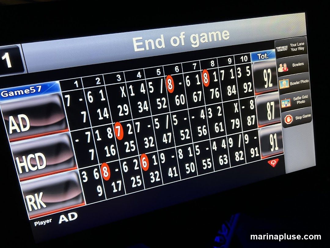 A digital scoreboard displays the end of a bowling game. It shows scores for three players: AD, HCD, and RK, with AD having the highest score of 92. The scoreboard also includes options for managing bowlers and taking photos.