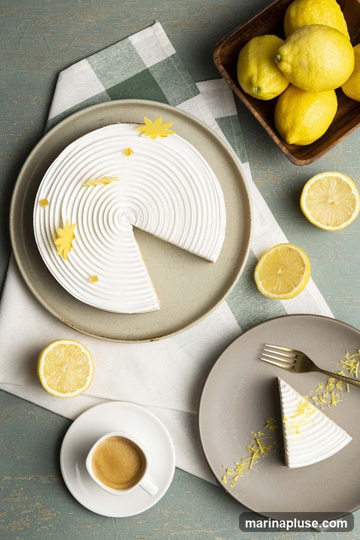 A whole lemon meringue cake with a slice removed sits on a plate, next to a cup of espresso. A bowl of fresh lemons and lemon slices are also visible. A slice of the cake is on another plate with a fork.