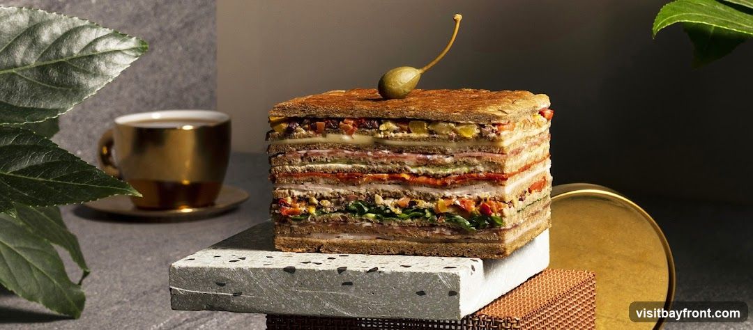 A tall, multi-layered sandwich is presented on a textured stone block, topped with a caper. To the left, a golden cup of coffee sits on a saucer, partially obscured by lush green leaves. The background is dark and moody, with subtle lighting highlighting the food and drink.