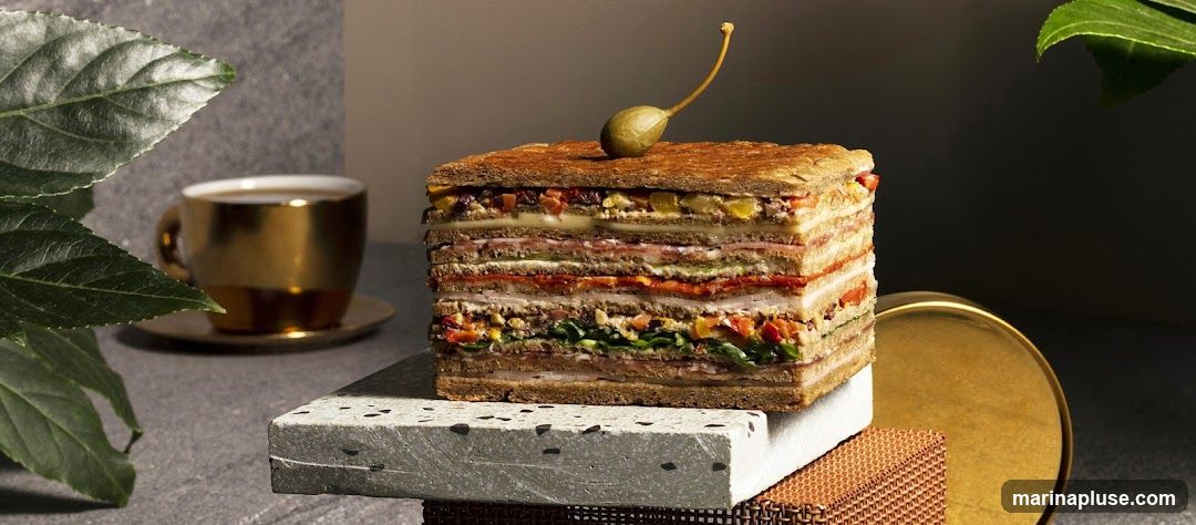 A tall, multi-layered sandwich is presented on a textured stone block, topped with a caper. To the left, a golden cup of coffee sits on a saucer, partially obscured by lush green leaves. The background is dark and moody, with subtle lighting highlighting the food and drink.