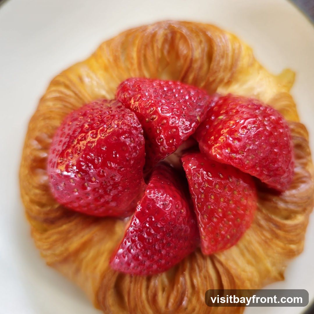 A close-up overhead shot of a golden-brown danish pastry topped with fresh, sliced strawberries. The pastry has a flaky, layered texture, and the strawberries are bright red and glistening.