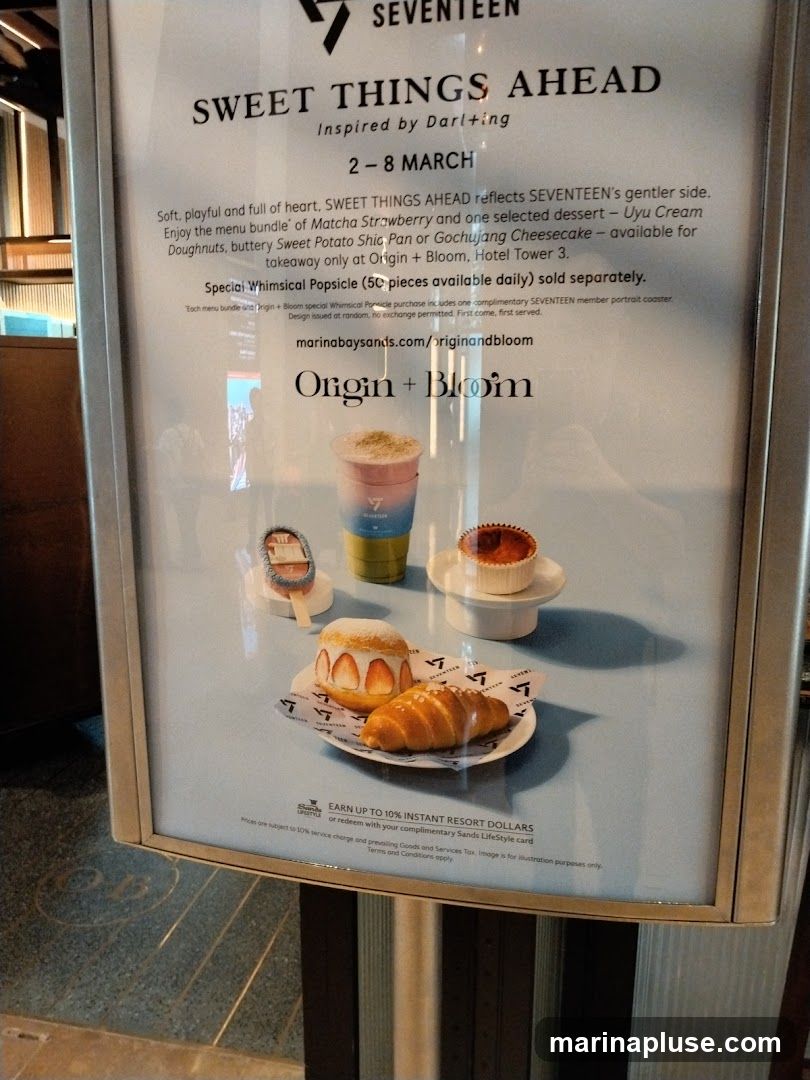 A promotional poster for 'Sweet Things Ahead' inspired by Darl+ing, featuring a menu bundle and desserts. The promotion runs from March 2nd to 8th. The bundle includes Matcha Strawberry and a choice of Uyu Cream Doughnuts, Sweet Potato Shio Pan, or Gochujang Cheesecake. A special Whimsical Popsicle is sold separately. The poster also advertises earning up to 10% instant resort dollars or redeeming with a Sands LifeStyle card.
