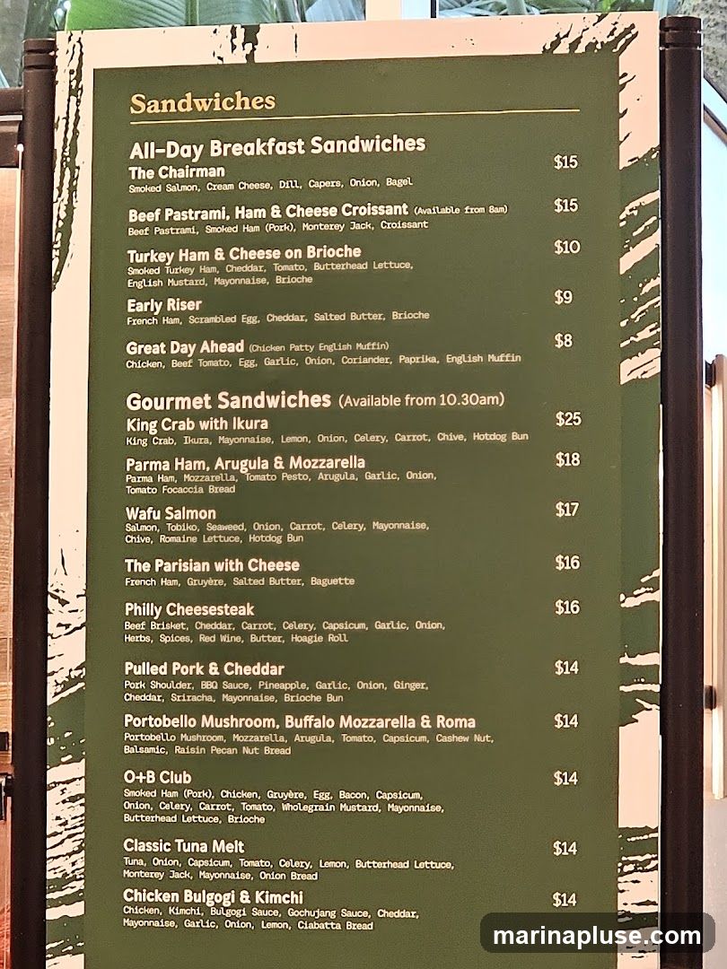 A menu listing various sandwiches, categorized into All-Day Breakfast Sandwiches and Gourmet Sandwiches.