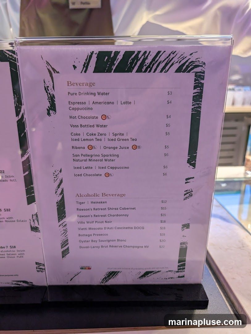 A menu displaying non-alcoholic and alcoholic beverages.