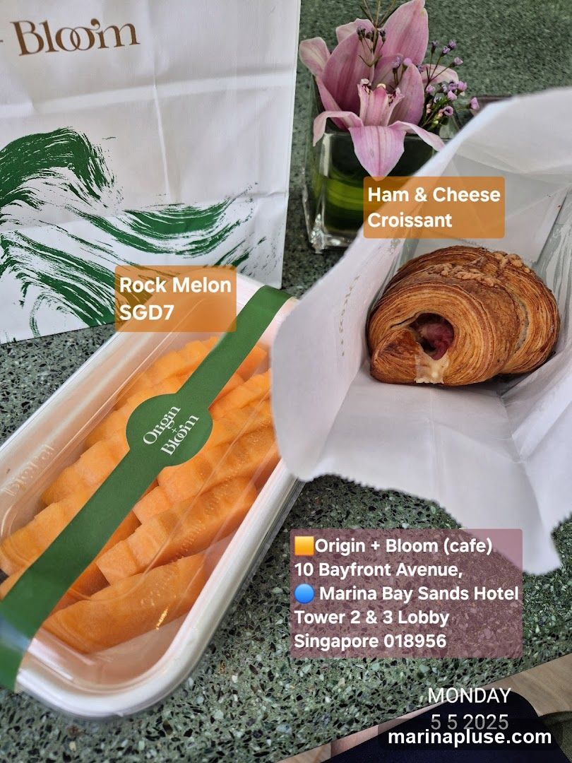 A white paper bag with green abstract brush strokes and the word "Bloom" is visible. Next to it is a clear container filled with sliced rock melon, labeled "Rock Melon SGD7". A croissant filled with ham and cheese is in a white paper wrapper, with a small vase of pink orchids and purple flowers beside it. The text "Origin + Bloom (cafe)" with an address in Singapore is also visible, along with the date "MONDAY 5 5 2025".
