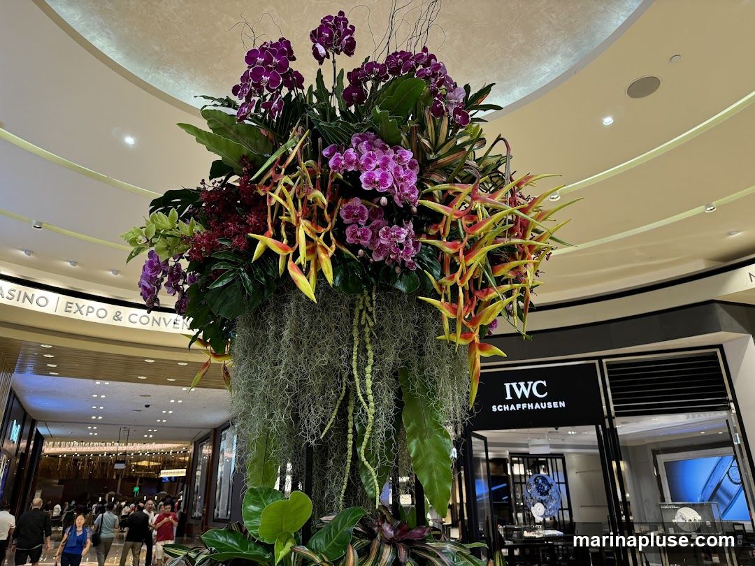 A large, elaborate floral arrangement with purple orchids and yellow and red heliconia hangs in the foreground. Behind it, a store with the IWC SCHAFFHAUSEN logo is visible, displaying watches in its windows. In the background, a sign reads "CASINO | EXPO & CONVEN". People are seen walking in the distance.