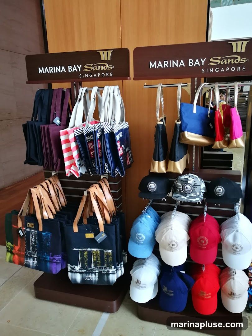 A display of merchandise branded with 'Marina Bay Sands Singapore'. The merchandise includes various tote bags with images of the Singapore skyline and colorful striped patterns, as well as baseball caps in different colors like blue, white, red, and camouflage. Some bags are dark colored with tan straps, while others are striped. The caps are displayed on racks, with some featuring the Marina Bay Sands logo.