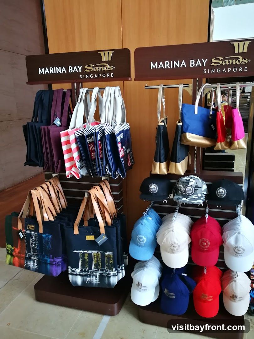 A display of merchandise branded with 'Marina Bay Sands Singapore'. The merchandise includes various tote bags with images of the Singapore skyline and colorful striped patterns, as well as baseball caps in different colors like blue, white, red, and camouflage. Some bags are dark colored with tan straps, while others are striped. The caps are displayed on racks, with some featuring the Marina Bay Sands logo.