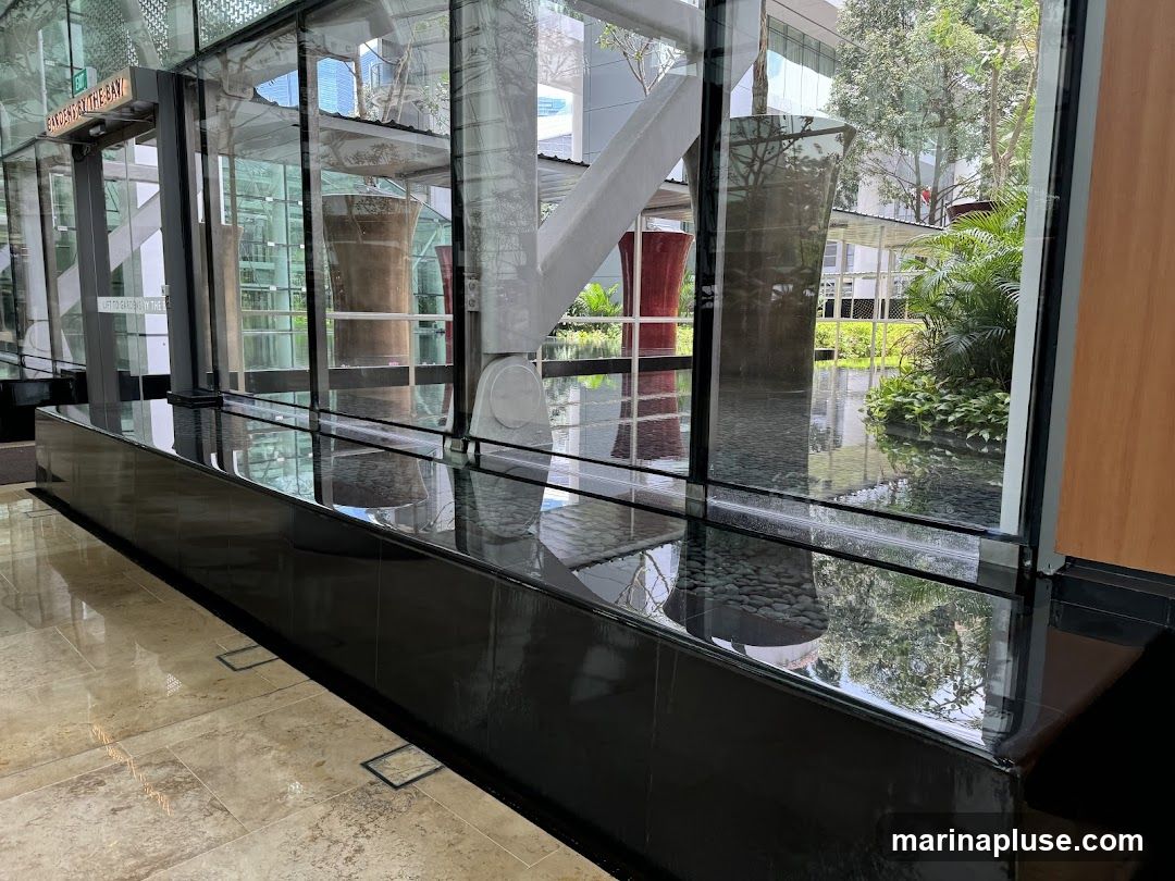 A view of a modern interior space with large glass windows reflecting an outdoor garden area. Inside, a sleek black water feature runs along the base of the windows, with smooth, dark stone lining the bottom. The floor is tiled with light-colored marble. Outside, visible through the glass, are lush green plants, trees, and large decorative planters. The architecture features prominent white structural beams and a glass ceiling.