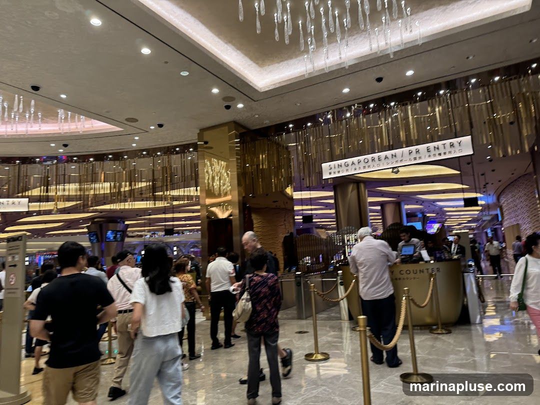 A busy interior scene with people queuing at a counter labeled "SINGAPOREAN / PR ENTRY" and "COUNTER". The decor is opulent with gold accents and modern lighting fixtures.
