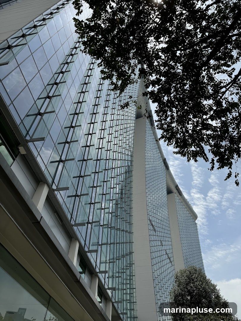 A low-angle shot of a modern skyscraper with a glass facade, reflecting the sky and clouds. A large tree with dark leaves partially obscures the top right of the building. The architecture features a grid-like pattern of windows and metallic structural elements.