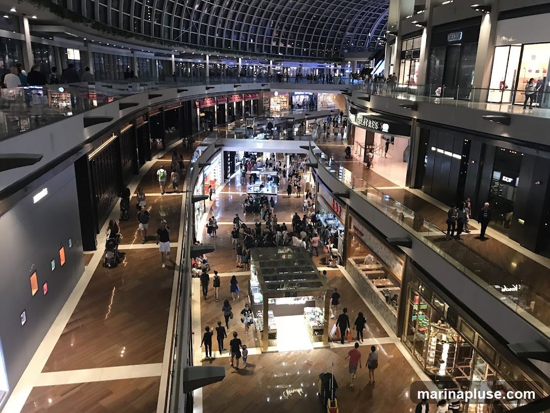 A wide-angle view of the interior of a large, modern shopping mall. The mall features multiple levels with shops and walkways. People are seen browsing and walking through the mall. The architecture includes a distinctive curved glass ceiling and polished wooden floors.