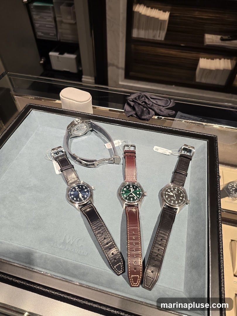 A display case featuring three IWC Schaffhausen pilot watches with leather straps. One watch has a blue dial, another a green dial, and the third a black dial. A fourth watch is partially visible in the background. The display is set against a blue velvet-like surface with the IWC logo embossed.