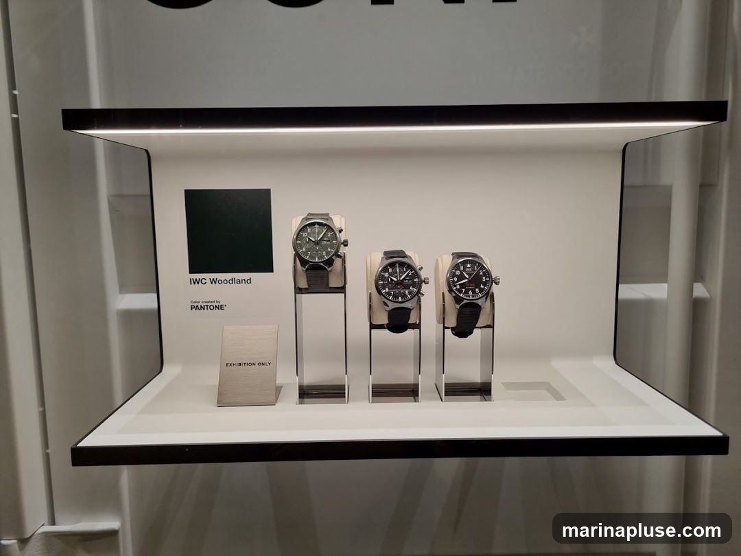 A display case featuring three IWC watches. The background shows a dark green square labeled "IWC Woodland" and "Color created by PANTONE". A small sign reads "EXHIBITION ONLY".