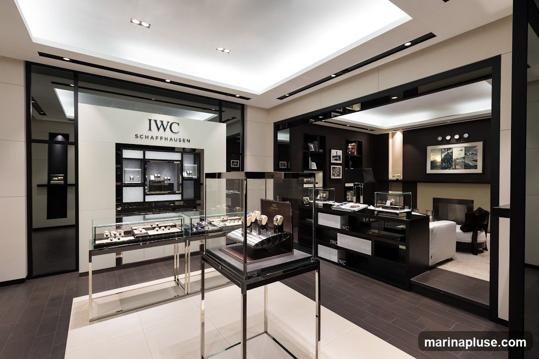 The interior of a luxury watch store, featuring display cases filled with watches. The store has a modern and elegant design with a prominent IWC Schaffhausen logo visible. The lighting is bright and focused on the merchandise. In the background, there is a seating area with a fireplace and artwork on the wall.