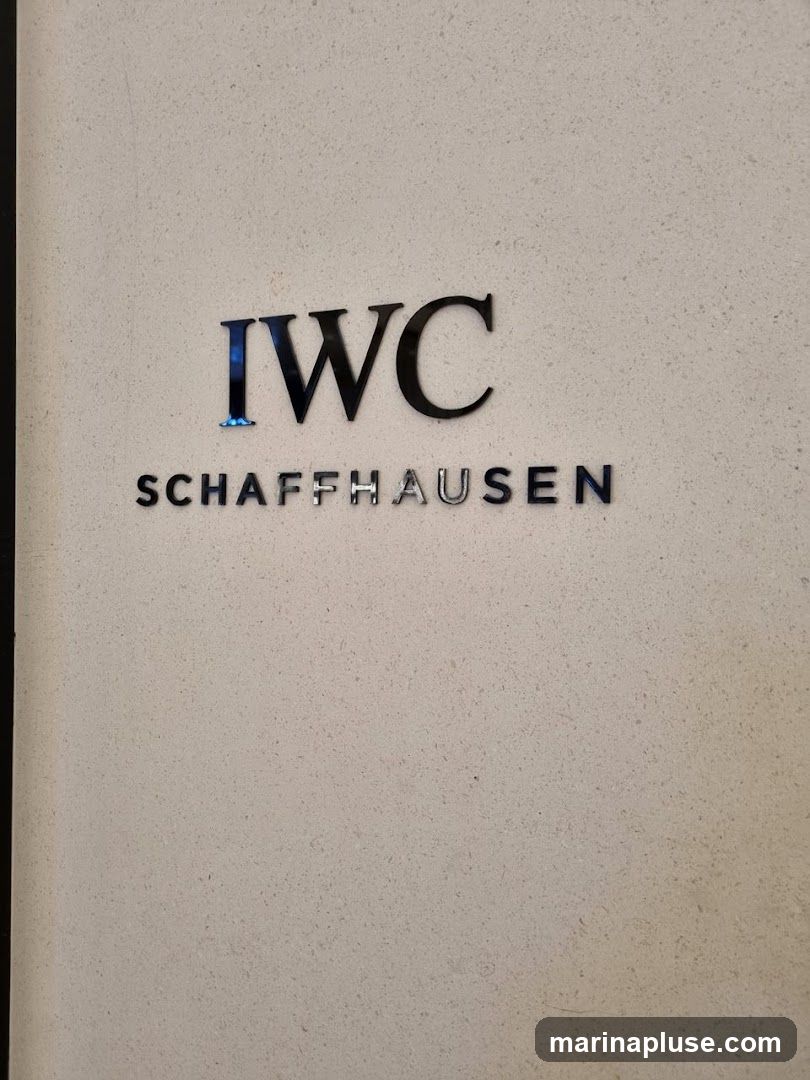 A close-up shot of the IWC Schaffhausen logo mounted on a textured, light-colored wall. The logo consists of two lines of text. The top line reads "IWC" in large, bold, black, three-dimensional letters with a metallic sheen. The bottom line reads "SCHAFFHAUSEN" in smaller, silver, three-dimensional letters.