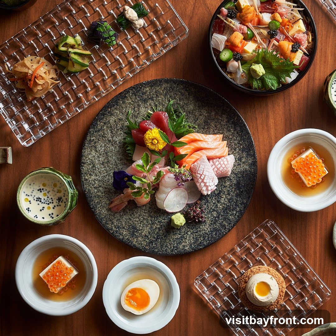 A top-down view of a wooden table laden with various Japanese dishes. In the center, a dark, textured plate holds a vibrant sashimi platter with tuna, salmon, and white fish, garnished with edible flowers and microgreens. To the upper right, a bowl overflows with chirashi sushi, a colorful mix of seafood, egg, and vegetables. Other dishes include a glass tray with pickled vegetables, small bowls of tofu with salmon roe, a soft-boiled egg, and a delicate dessert pastry.