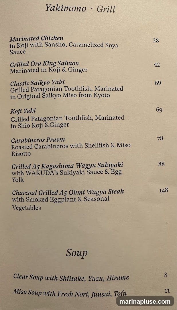 Menu items including grilled dishes and soups.