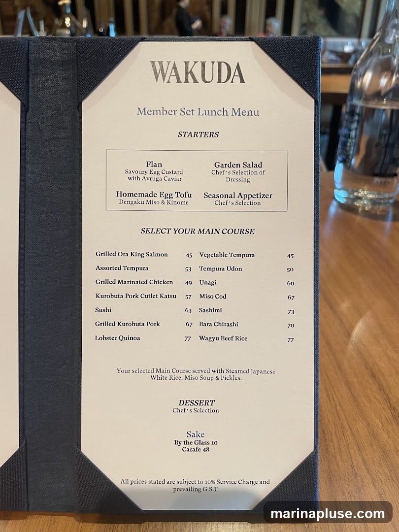 A menu for a set lunch at Wakuda, featuring starters, main courses, and dessert.