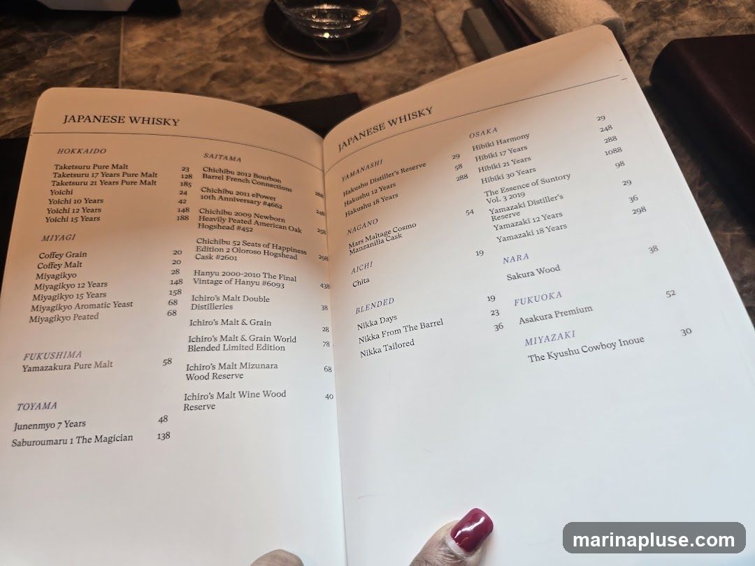 A menu listing various Japanese whiskies categorized by region.
