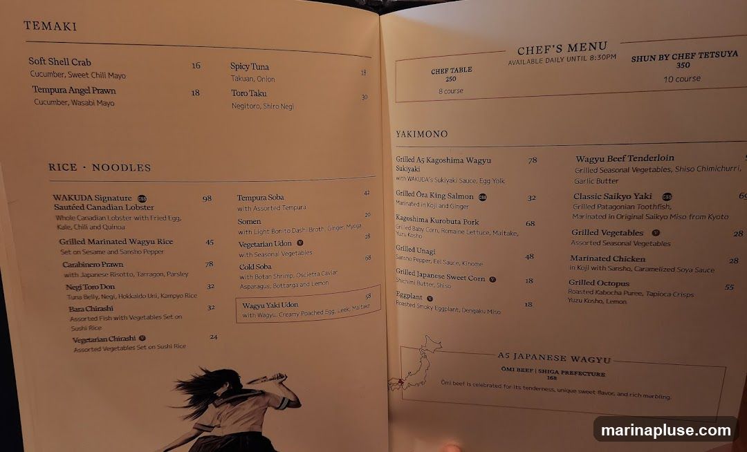 Menu with sections for TEMAKI, RICE NOODLES, YAKIMONO, and A5 JAPANESE WAGYU. Also includes CHEF TABLE and SHUN BY CHEF TETSUYA options.