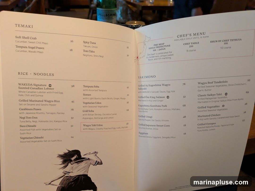 Chef's Menu available daily until 8:30PM. Includes Omi Beef Shiga Prefecture, Chef Table, and Shun by Chef Tetsuya options. Also features Temaki, Rice & Noodles, and Yakimono sections.