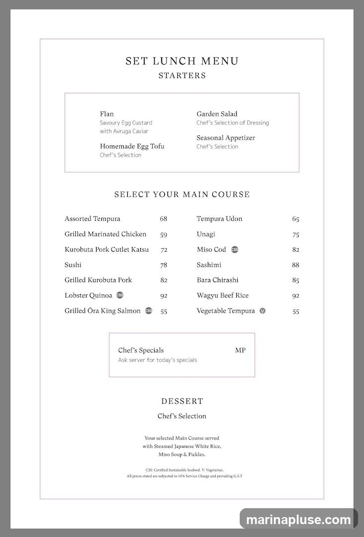 Set lunch menu with starters, main courses, and dessert.