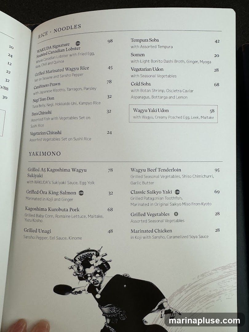 A menu with sections for Rice Noodles and Yakimono.
