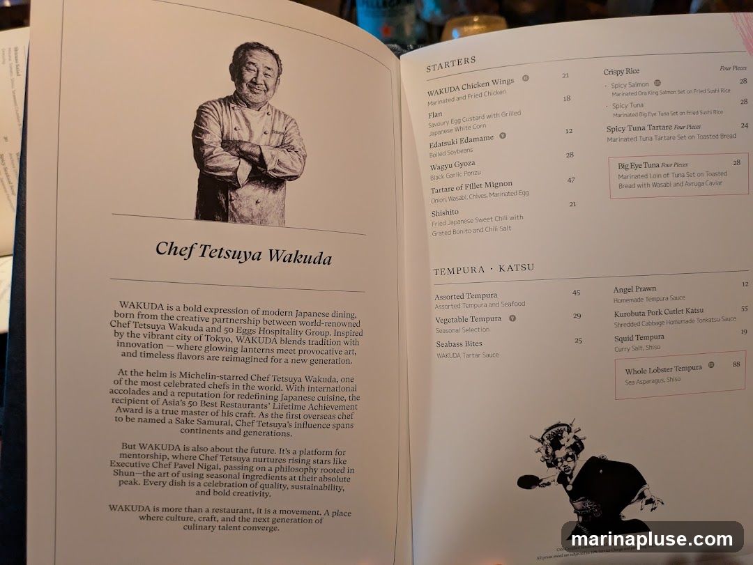 A menu featuring starters, tempura, and katsu dishes, with a profile of Chef Tetsuya Wakuda.