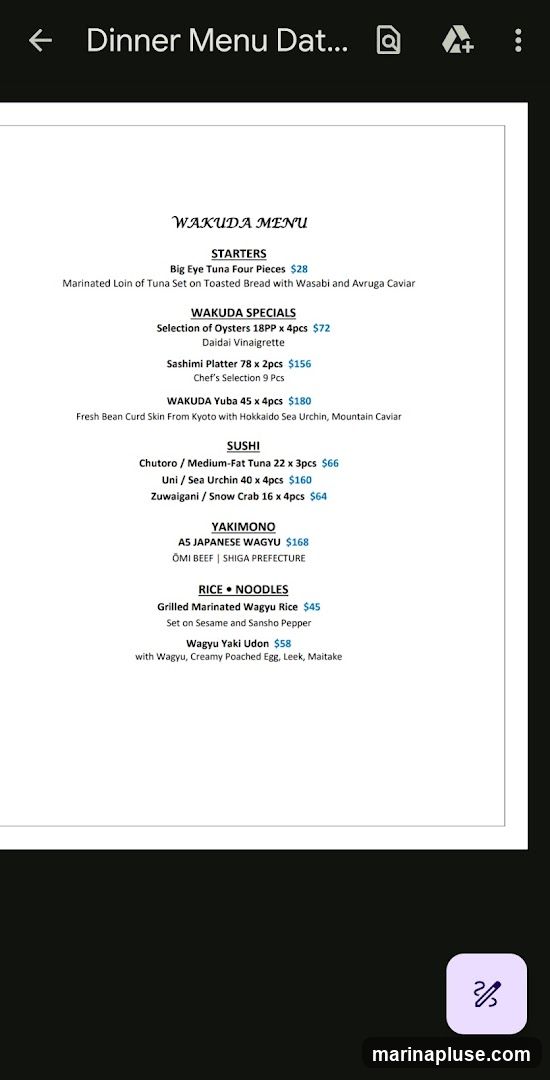 A dinner menu with sections for Starters, Wakuda Specials, Sushi, Yakimono, and Rice Noodles.