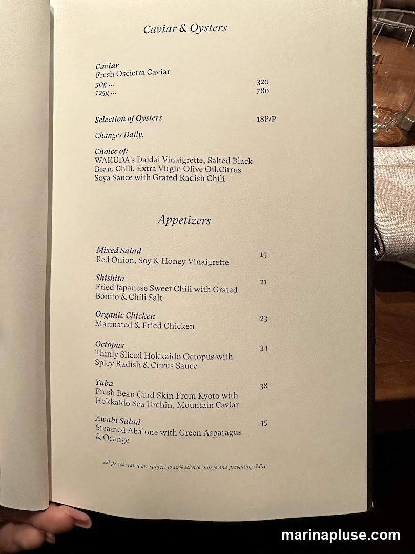 A menu featuring caviar, oysters, and appetizers.